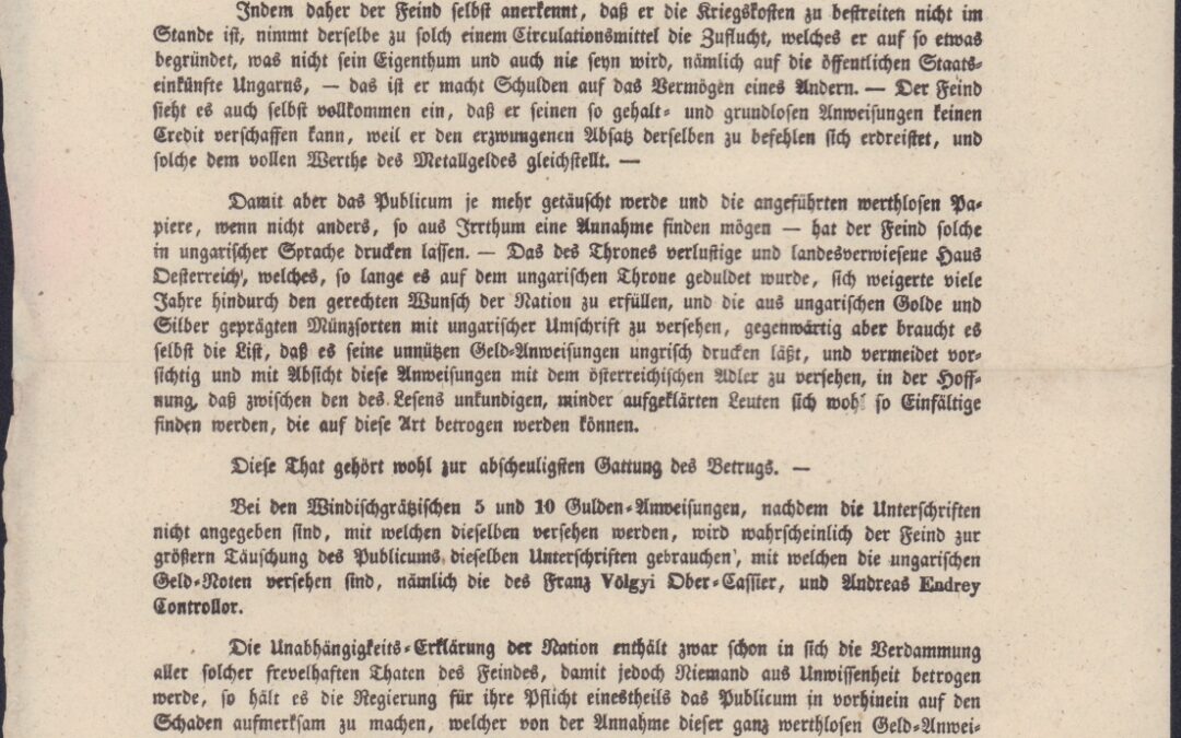 Proklamációk, rendelkezések, általános politikai polgár ABC, függetlenségi nyilatkozat és társai – azaz az 1848–49-es szabadságharc és forradalom német nyelvű nyomtatványai a Déri Múzeum gyűjteményében I. rész